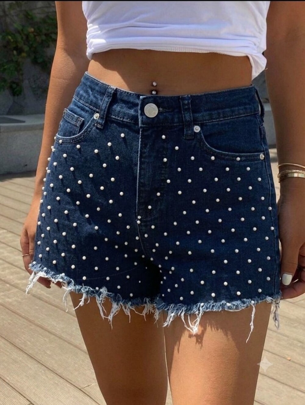 BDG Navy Denim Pearl-Studded High-Rise Shorts